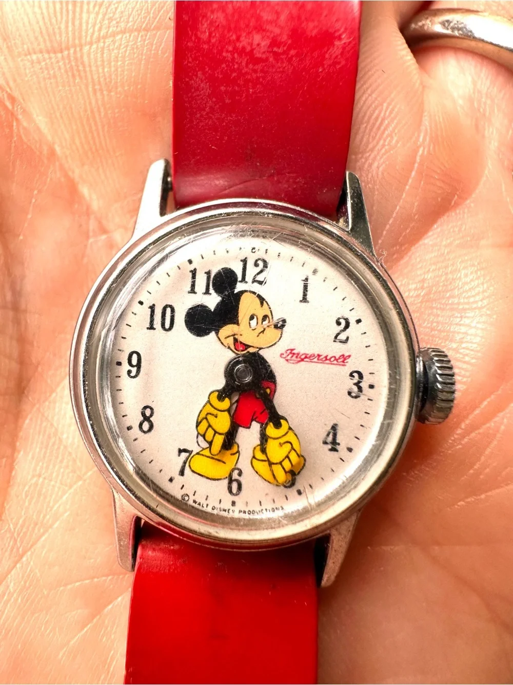 Vintage 1950s Ingersoll Mickey Mouse Hand Wind Kids Watch Disney Red Strap AS IS
